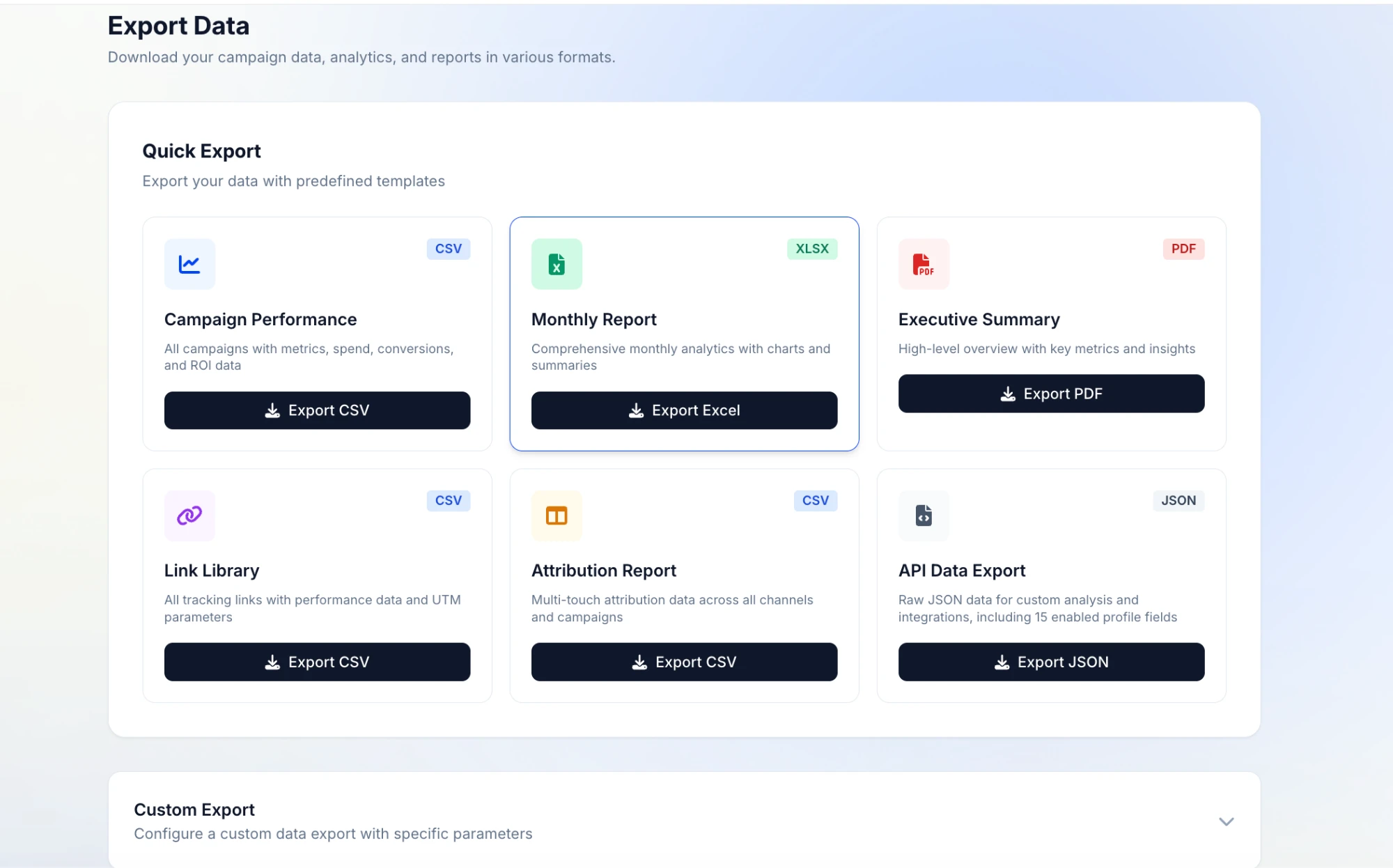 Export Data tab with the six Quick Export templates